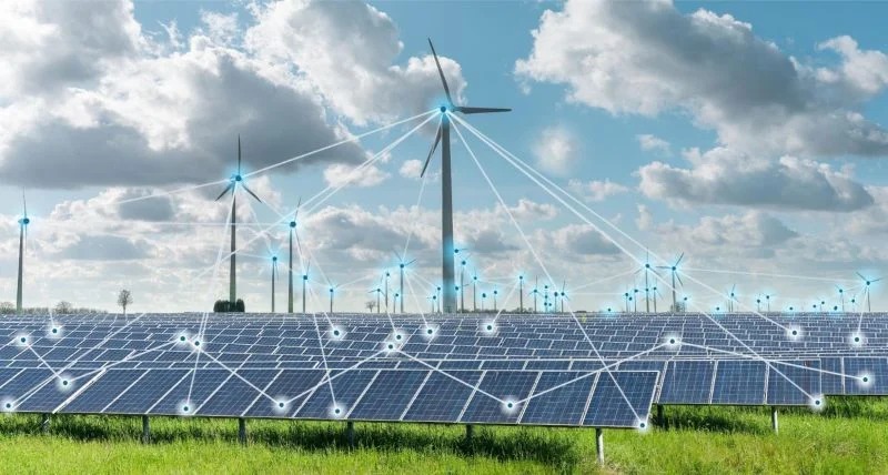 Wind and solar farm connected by smart grid analytics